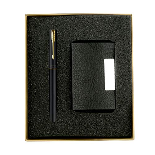 Parker Frontier Matte Black Roller Ball Pen Gold Trim With Card Holder Gift Set - Black Ink, Pack Of 1