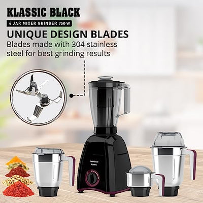 Havells Klassic 750 Watt 4 Jar Mixer Grinder, 21000 RPM Heavy Duty Universal Motor, 304 SS Blades, Large Size Break Resistant JarLids With Twist & Lock Mechanism- Black