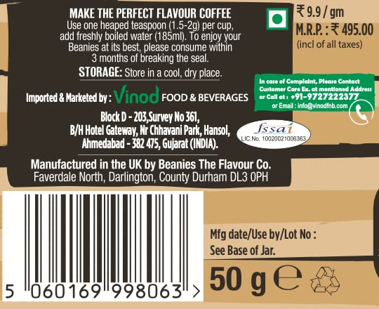 BEANIES Flavoured Instant Coffee Powder - Cappuccino Hot & Cold Coffee Makes 25 Cups 100% Arabica Light Roasted Coffee Sugar Free 50g. Bottle (Barista Cappuccino)