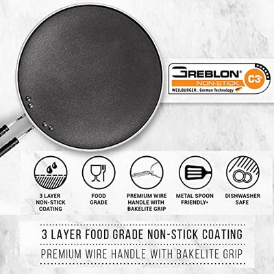 Milton Pro Cook Black Pearl Induction Non-Stick Flat Tawa, 32 cm, Grey