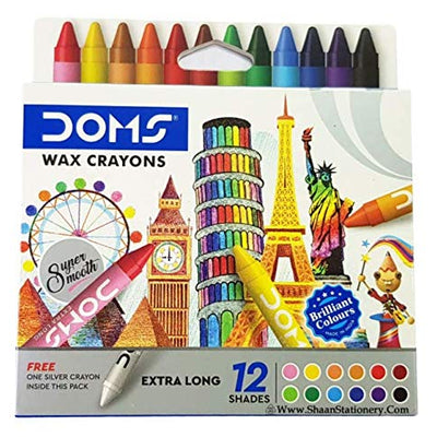Doms 12+1 Shades Extra Long Coloured Wax Crayons for School Nursery Home (10 Pack)