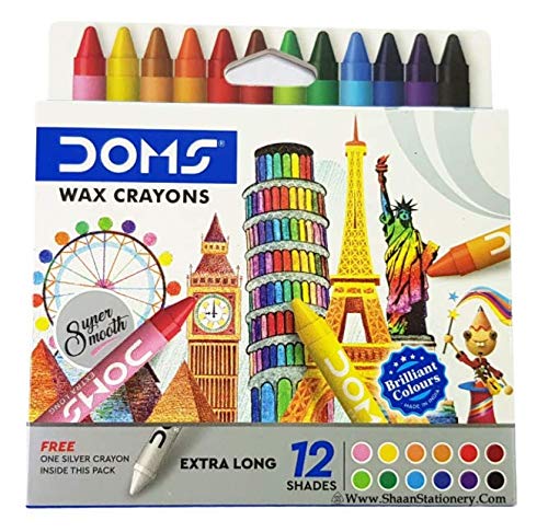 Doms 12+1 Shades Extra Long Coloured Wax Crayons for School Nursery Home (10 Pack)