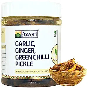 Aweri Garlic, Ginger, Green Chili Pickle | Authentic Recipe | Homemade Taste | Mixed Pickle | Made with Cold Pressed Mustard Oil | 400 Grams