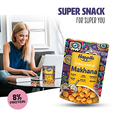 Happilo Premium Super Snack Makhana Chilli Garlic 60g (Pack Of 3), Roasted Foxnut Healthy Snack Low Calorie Gluten Free and Vegan
