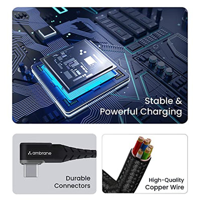 Ambrane Type C Mobile Charging Cable 3A Fast Charging, 1.5 Meter, L Shaped Braided Cable, 480Mbps Data Transfer for Smartphones, Tablets, Laptops & Other Type C Devices (ABLC10, Black and Grey)