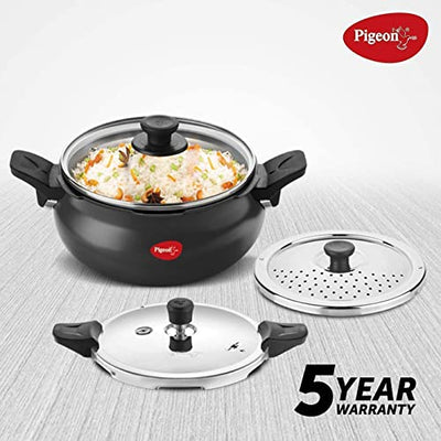 Pigeon By Stovekraft All in One Super Cooker Aluminium with Outer Lid Induction and Gas Stove Compatible 3 Litre Capacity for Healthy Cooking (Black)