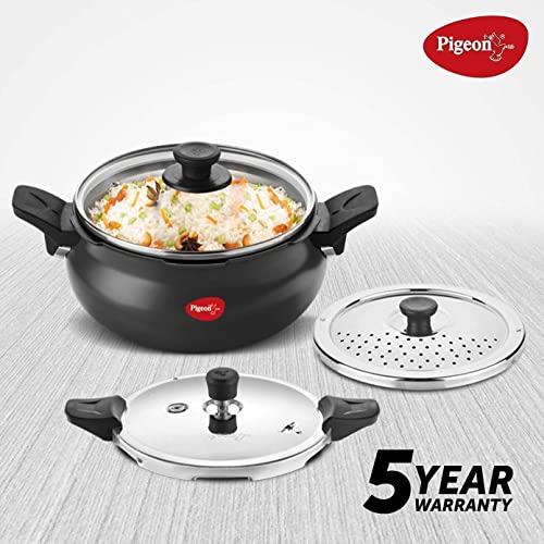 Pigeon By Stovekraft All in One Super Cooker Aluminium with Outer Lid Induction and Gas Stove Compatible 3 Litre Capacity for Healthy Cooking (Black)
