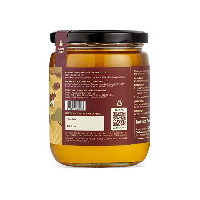 2x Two Brothers Organic Farms - A2 Ghee - Pack of 2 (500 ml each) | Cultured Cow Desi Ghee | Curd-Churned Bilona Ghee  | Grass-Fed A2 Gir Cow Ghee