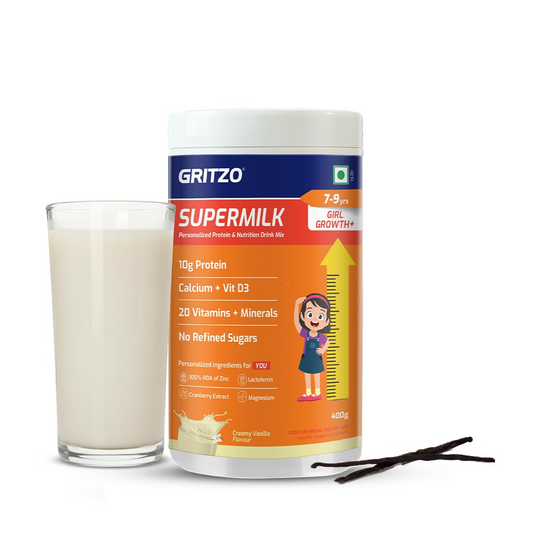 Gritzo SuperMilk Height+ (7-12y Girls), 10g Protein (Creamy Vanilla)
