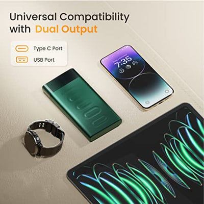 Ambrane 10000mAh Slim Power Bank, 20W Fast Charging, Dual Output, Type C PD (Input & Output), Quick Charge, Li-Polymer, Multi-Layer Protection for iPhone, Anrdoid & Other Devices (Stylo 10K, Green)