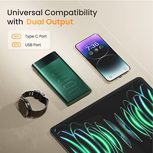 Ambrane 10000mAh Slim Power Bank, 20W Fast Charging, Dual Output, Type C PD (Input & Output), Quick Charge, Li-Polymer, Multi-Layer Protection for iPhone, Anrdoid & Other Devices (Stylo 10K, Green)