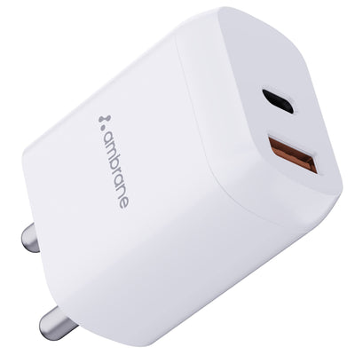 Ambrane 30W USB & Type-C Dual Port Boosted Speed Mobile Charger Adapter, Fast Charger with QC & PD Technology, Compatibility with iPhone & Android, Made in India, Compact & Durable(RAAP H33, White)