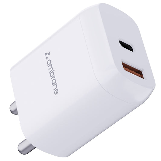 Ambrane 30W USB & Type-C Dual Port Boosted Speed Mobile Charger Adapter, Fast Charger with QC & PD Technology, Compatibility with iPhone & Android, Made in India, Compact & Durable(RAAP H33, White)