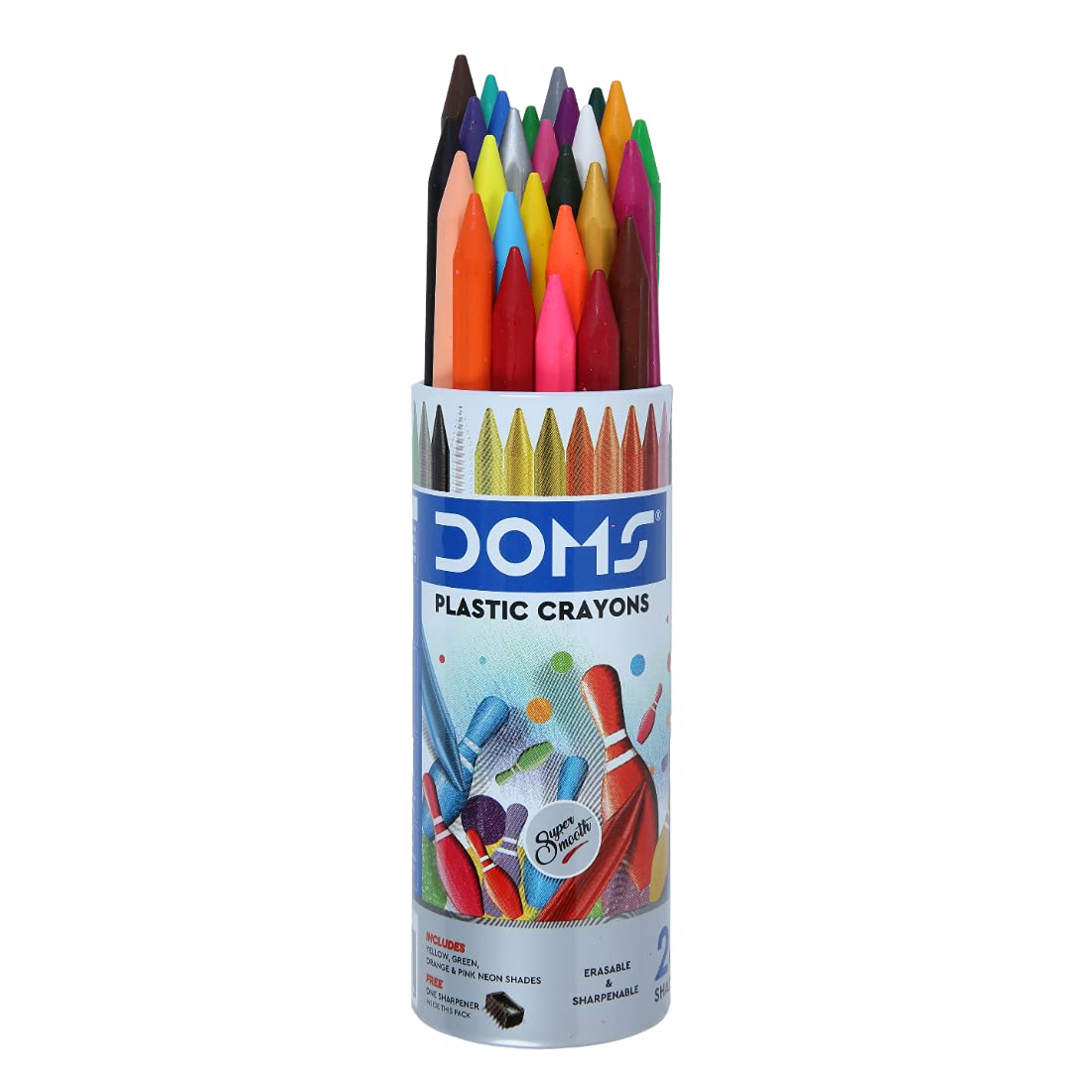 Doms Groove Non - Toxic Erasable Plastic Crayon Set With Case - 24 Assorted Shades - Plastic Crayon 28 Shades Round Tin