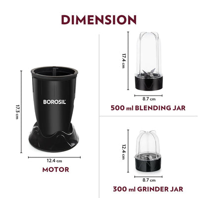 Borosil NutriFresh Portable Mini-Blender & Grinder, 500 ml Blending Jar, 300 ml Chutney Jar, For Blending Smoothies & Chutneys, Dry Grinding Spices, Black, 400 W