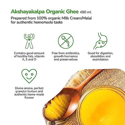 Akshayakalpa Organic Cow Ghee – Pure organic ghee, traditionally-churned, chemical-free, granular ghee, nutritious by nature (490 ml)