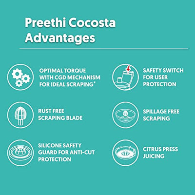Preethi Cocosta Kp001 Coconut Scraper&Citrus Juicer,100% Safe Dual Protection Scraper With Safety Switch&Silicon Cap,Spillage Free Collection Bowl,100 Watt,2Yr Guarantee,