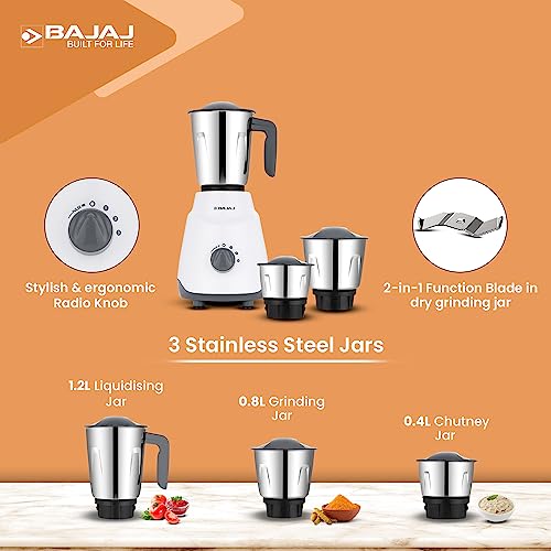 Bajaj Ninja Series Contempo 500W Mixer Grinder|3 Stainless Steel Jar|DuraCut Blades by Bajaj|2-in-1 function blade| Pulse Mode| 2 Warranty by Bajaj| Grey (Indian Plug)