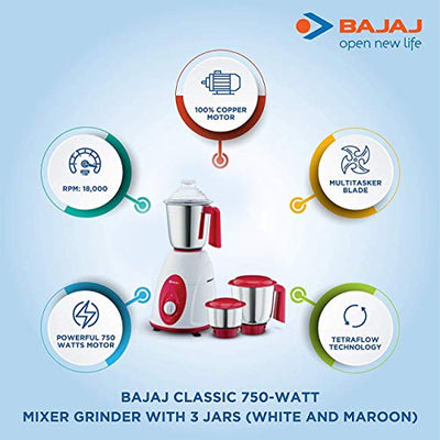 Bajaj Classic Mixer Grinder, 750W, 3 Jars (White and Maroon) (Indian Plug)
