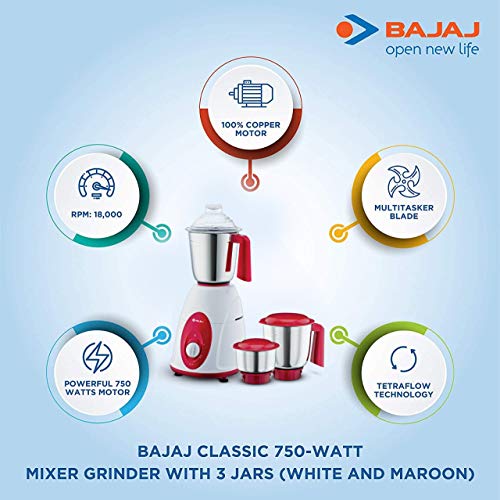 Bajaj Classic Mixer Grinder, 750W, 3 Jars (White and Maroon) (Indian Plug)