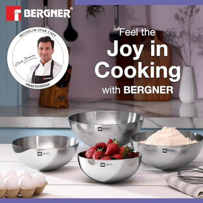 Bergner BE Essentials Tri-Ply Stainless Steel 28 cm Tasra, Steel Kadai, Large Tasla Without Handle, Even Heat Distribution, Easy to Clean, Induction Bottom and Gas Stove Ready, 5 Year Warranty