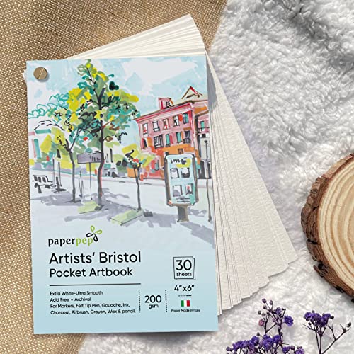 PaperPep Bristol Pocket Art Book 200GSM 4"X6" 30 Sheets for Solvent Based Markers, Felt Tip Pen, Gouache, Ink, Charcoal, Airbrush, Crayon, Pencil, Illustration, Design & Manga for Artists' & Amateurs…