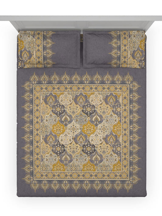 DDecor Grey & Yellow Ethnic Motifs Cotton 140 TC King Bedsheet With 2 Pillow Covers