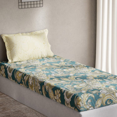DDecor Green & Yellow Ethnic Motifs 144 TC Cotton Single Bedsheet with 1 Pillow Cover