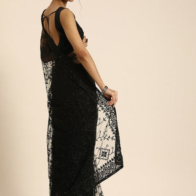 Black Floral Embroidered Net Saree