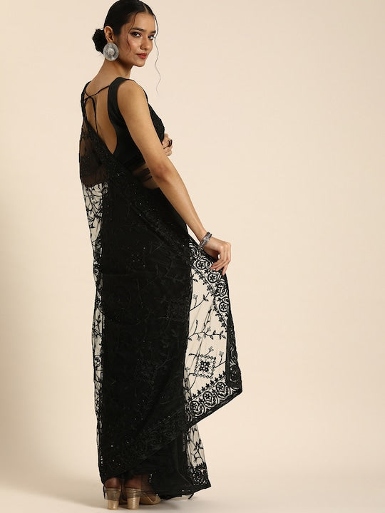 Black Floral Embroidered Net Saree
