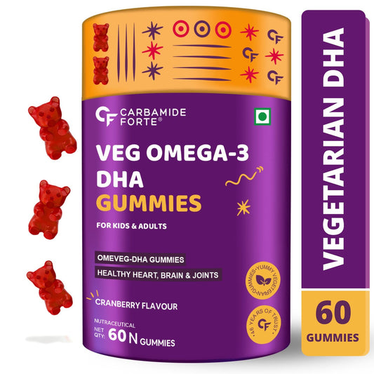 Carbamide Forte Veg Omega3 DHA 250mg - Gummies for Men, Women & Kids with Vegetarian DHA | No Fish oil Used | Omega Veg DHA Gummies | Healthy Heart, Brain & Joints - 60 Veg Gummies