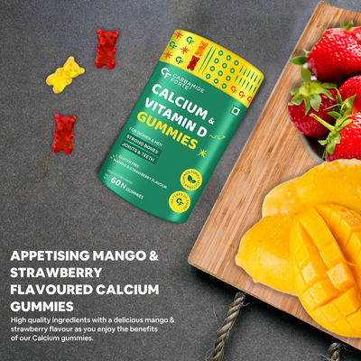 Carbamide Forte Calcium with Vitamin D Gummies for Men & Women| Calcium Gummies for Women & Men for Stronger Bones, Joints & Teeth & Immunity - Mango & Strawberry Flavour - 60 Veg Gummies