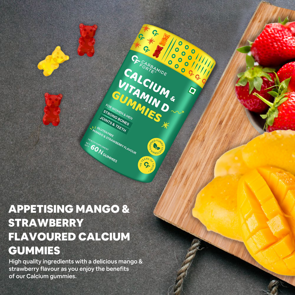 Carbamide Forte Calcium with Vitamin D Gummies for Men & Women| Calcium Gummies for Women & Men for Stronger Bones, Joints & Teeth & Immunity - Mango & Strawberry Flavour - 60 Veg Gummies