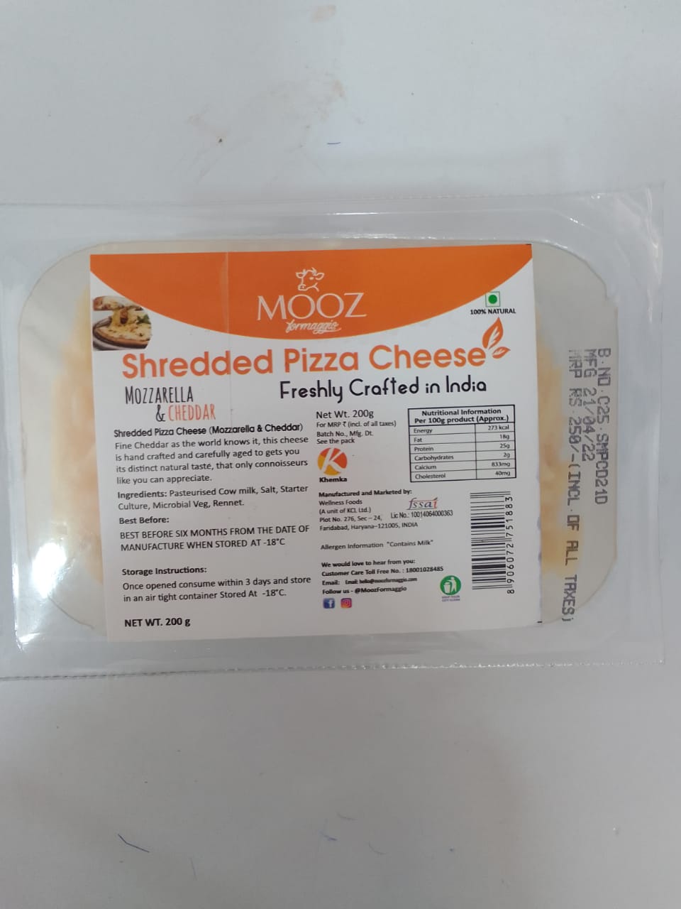 MOOZ Shredded Pizza Cheese - Mozzarella & Cheddar, 200g
