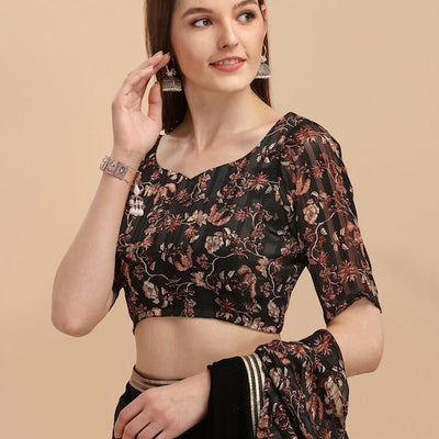 Black Floral Gotta Patti Velvet Saree