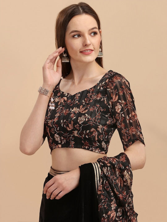 Black Floral Gotta Patti Velvet Saree