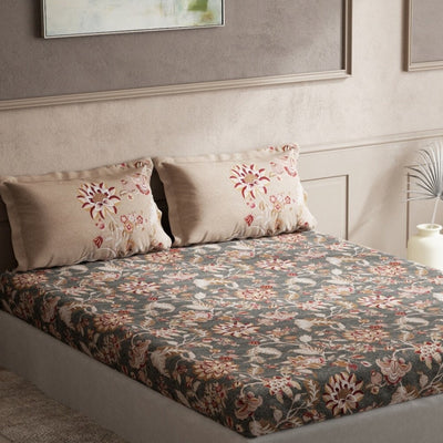 DDecor Grey & Maroon Ethnic Motifs 140 TC Cotton Queen Bedsheet with 2 Pillow Covers