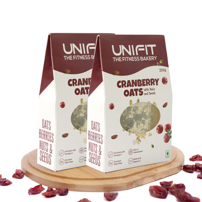 UNIFIT Instant Delicious Cranberry Oats Healthy Breakfast With Goodness of Rolled Oats Nuts, Seeds & Cranberry| High Fiber Oats| Wholegrain - Pack of 2 (250 Grams) Each