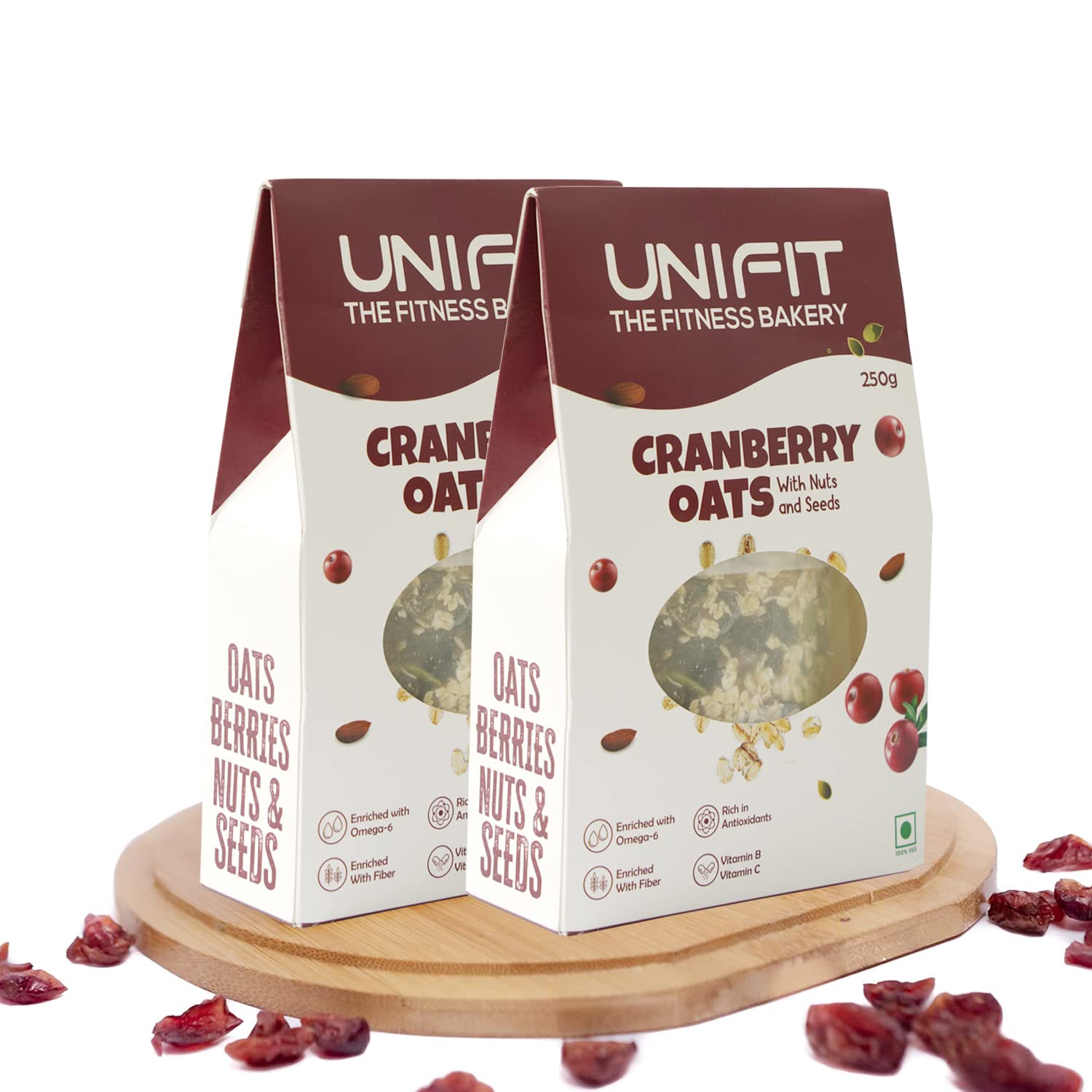 UNIFIT Instant Delicious Cranberry Oats Healthy Breakfast With Goodness of Rolled Oats Nuts, Seeds & Cranberry| High Fiber Oats| Wholegrain - Pack of 2 (250 Grams) Each