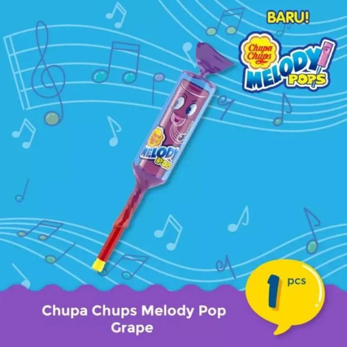 COUGAR Chupa Chup Melody Pops Grape Flavour Whistle Lollipop Pack of 6x15g Each (Imported Malaysia)