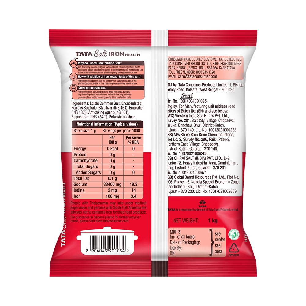 Tata Salt Iron Health | Double Fortified Salt with Iron & Iodine | Iron Helps Fight Anemia | Iodine Helps in Mental Development | Edible Common Salt | 1kg