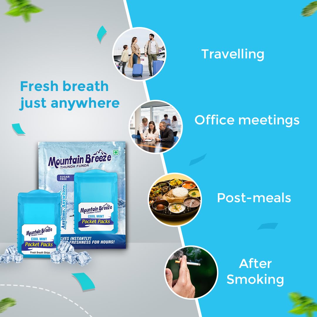 Mountain Breeze Mouth Freshner Sugar-Free Coolmint Fresh Breath Strips (7Strips each) Pack of 20 with Extra Spearmint(24 Strips each) Pack of 1