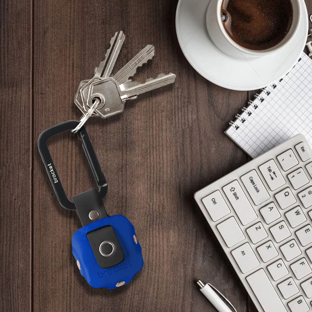 Airtag Premium Leather Key Ring Holder Case Cover Compatible with Apple Airtag, Comes with Metal Carabiner & Transparent AirTag Protective Film (1-Pack, Blue - Black) (Airtag Not Included)