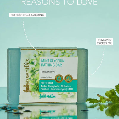 8x Fabessentials Mint Glycerin Bathing Bar | with Natural Bioactives | for Cleansing, Nourishing and Rejuvenating Skin | Vegan & Toxin Free - 100 gm Pack of 8