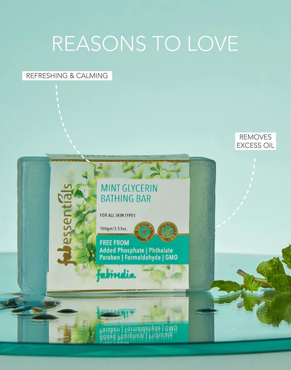 8x Fabessentials Mint Glycerin Bathing Bar | with Natural Bioactives | for Cleansing, Nourishing and Rejuvenating Skin | Vegan & Toxin Free - 100 gm Pack of 8
