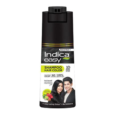 4x Indica Easy Hair Color Shampoo- Natural Black for Women and Men| Pump pack with Herbal Extracts |Grey Coverage in 10mins | Ammonia Free | 180ml each (Pack of 4)