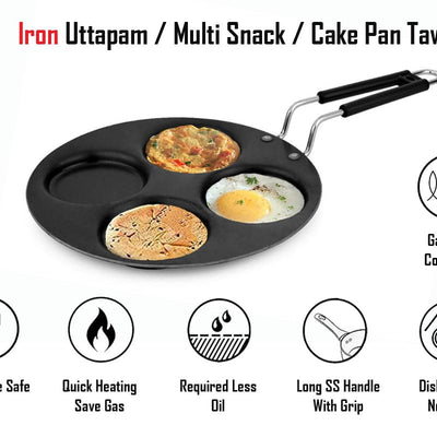 amicus Iron Uttapam Pan Multi Tawa 27 cm, 4 Cavity, Mini Crepe Pan for Snack, Pan Cake, Egg Omelette Maker Tawa,1.1 Kg, Black