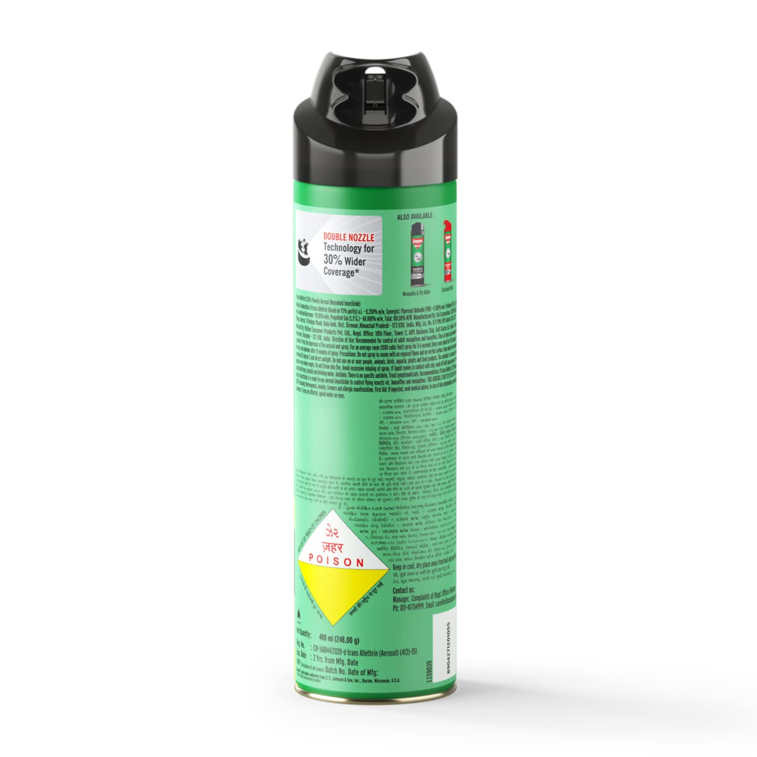 Baygon Max Mosquito and Fly Killer Spray, 400ml | Lime Fragrance | Instant Mosquito Repellent | Kills Dengue & Malaria Spreading Mosquitoes | With Double Nozzle Technology for 30% Wider Coverage