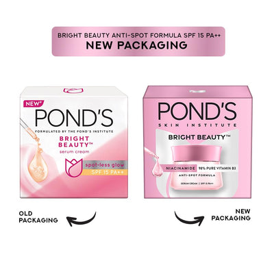 4x Pond's Bright Beauty Anti-Spot Serum Cream with Niacinamide and SPF 15 PA++, Fades Dark Spots and Reveals Bright Skin, 50g each - Pack of 4