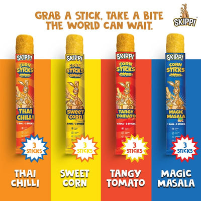 Skippi Cornsticks Snack | Snacks for Kids & Adults | Not Baked Not Fried | Gluten Free Snacks Combo 4 flavours (3 Sweet Puffcorn, 3 Magic Masala, 3 Tangy Tomato & 3 Thai Chilli) 12 Sticks